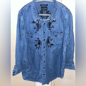 Lucky Brand Blue Denim Shirt with Black Floral Embroidery